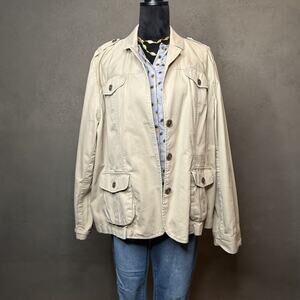 Lands’ End Utility Field Jacket Khaki Cotton Button Front Pockets Women’s L